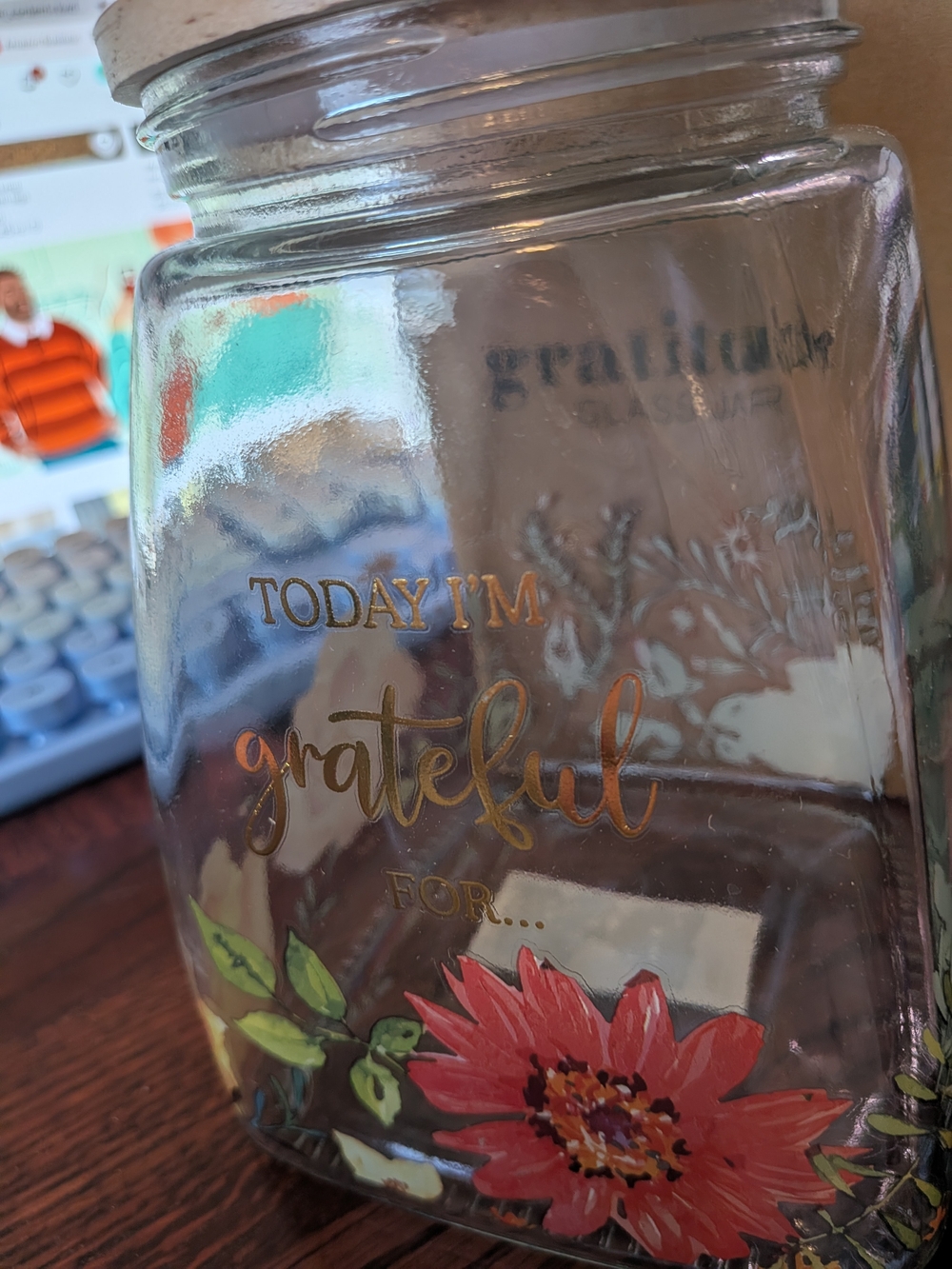 "Today I'm Grateful" Glass Jar with Floral Accent